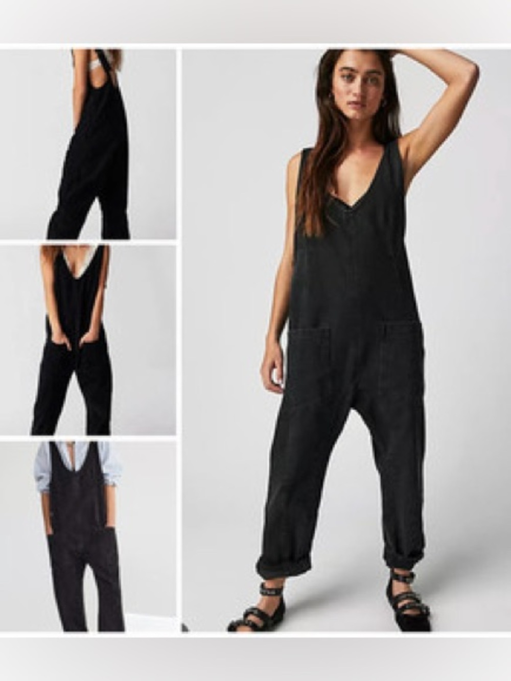 Free People High Roller Corduroy Jumpsuit Black Slouchy Overalls Boho